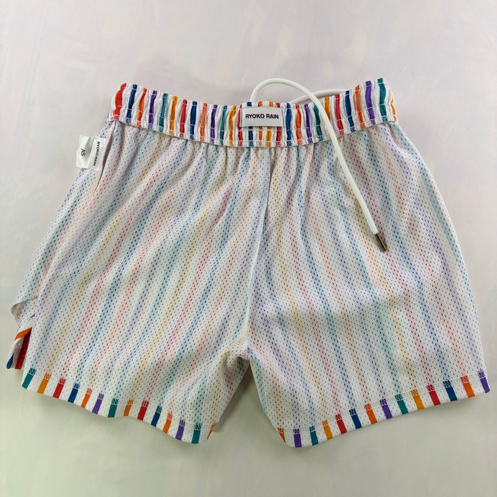 Ryoko Rain Striped Mesh Basketball Gym Shorts Mens XS Multi Color Butterfly Logo - Picture 7 of 13